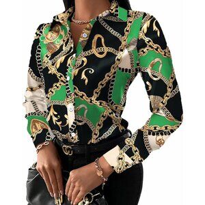 Women Green Button Down Shirts Colorful Long Sleeve Floral Print Sexy T Shirt